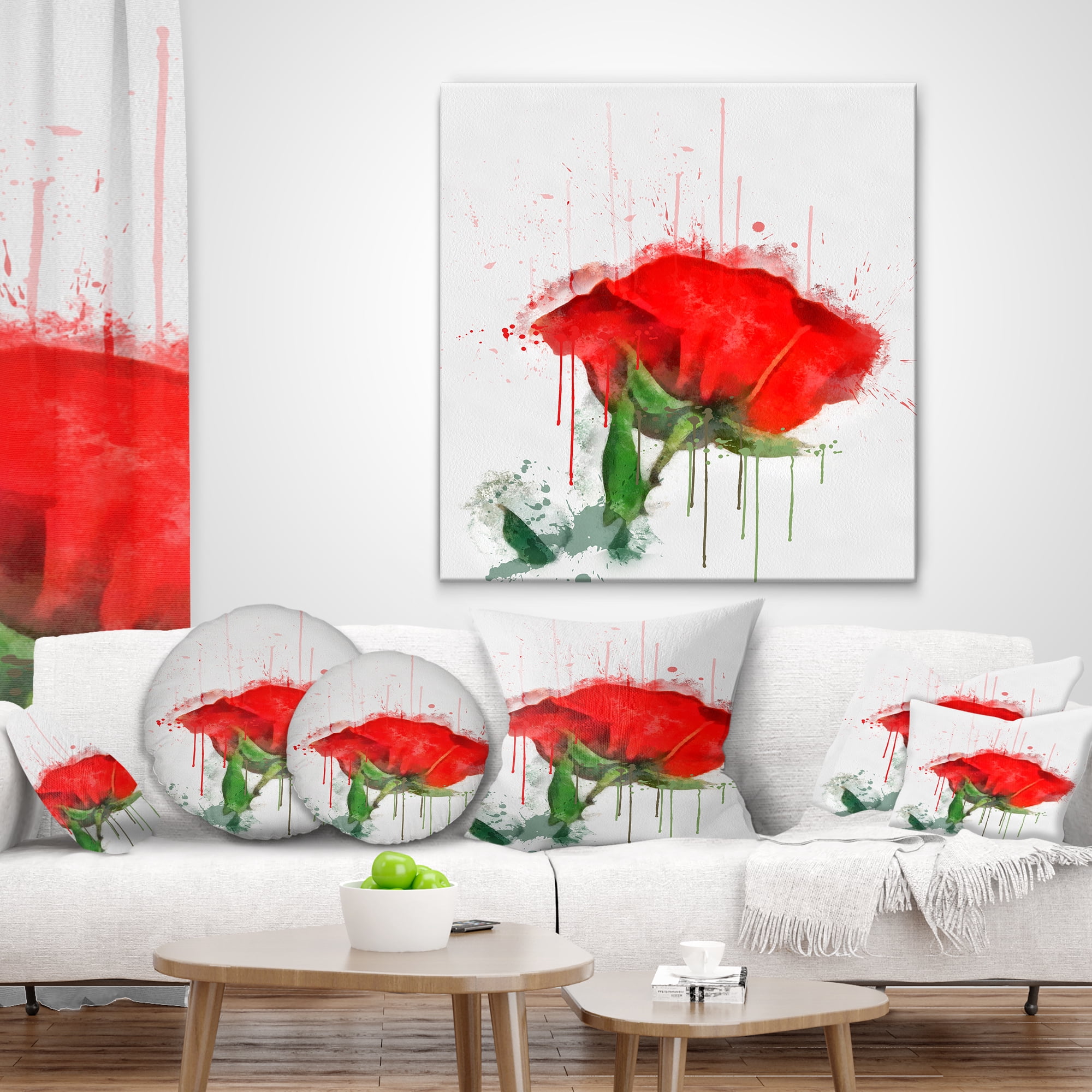 Designart Red Rose Hand drawn Painting - Floral Throw Pillow - 16x16