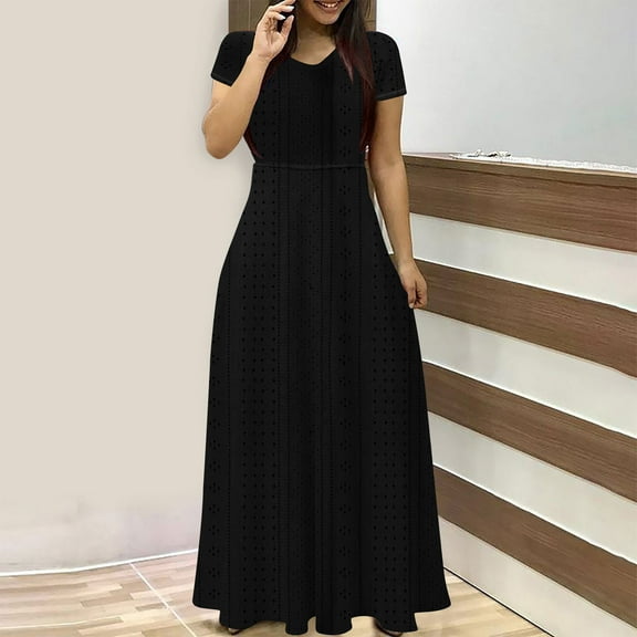 Womens Dress Women's Summer Solid Color Short Sleeved-neck Waistband Women's Long Dress Boho Dresses for Women Plus Size Black 2XL