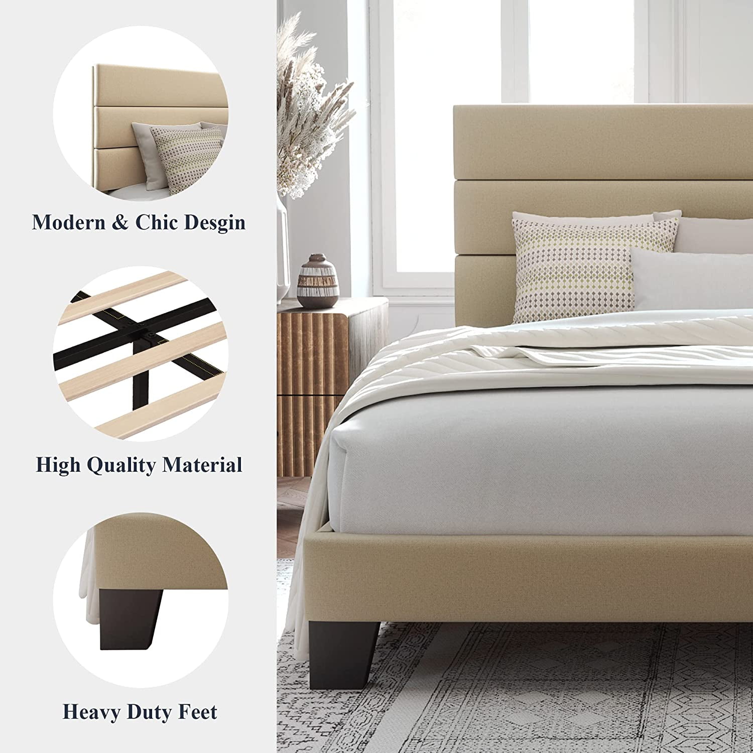 Allewie Queen Size Platform Bed Frame with Fabric Headboard/Fully Upholstered Mattress Foundation, No Box Spring Needed, Beige  (图5)