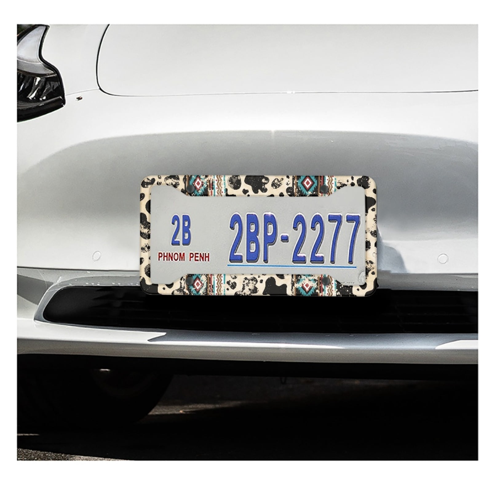 Renewold American Tribal Cow Print Retro Car License Plate Frame for Women Men, Novelty Vanity Tag for Car SUV Truck Vans Decorative Accessories with Screws, 2 Pack