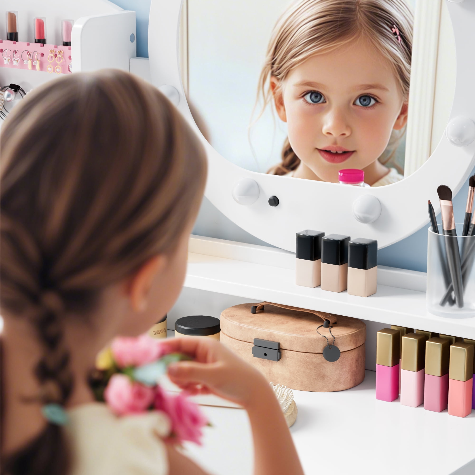 Reasea Kids Vanity Table, Girls Vanity Set, Princess Makeup Vanity Desk & Chair Set, White
