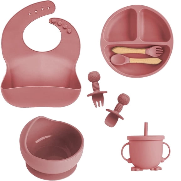 6Pcs Baby Silicone Feeding Set, Non-Suction Divided Plate, Suction Bowl, Straw Cup, Soft Bib, Wooden Spoon & Fork, Food-Grade Toddler Tableware for Self-Feeding