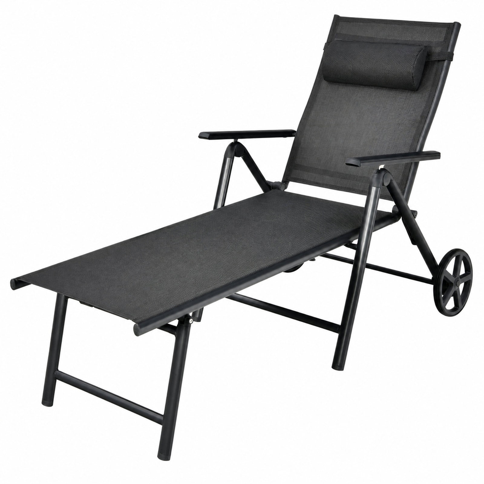 Furnibear Patio Lounge Chair with Wheels Neck Pillow 7 Position Backrest and Rustproof Aluminum Frame for Poolside Backyard and Patio, Gray