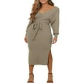 thumbnail image 1 of Robes Élégantes pour Femmes à Col en V Portefeuille en Tricot, Manches Chauve-Souris, Dos Nu, Fente, Robe Maxi avec Ceinture, 1 of 5
