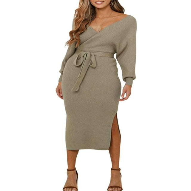 Robes Élégantes pour Femmes à Col en V Portefeuille en Tricot, Manches Chauve-Souris, Dos Nu, Fente, Robe Maxi avec Ceinture