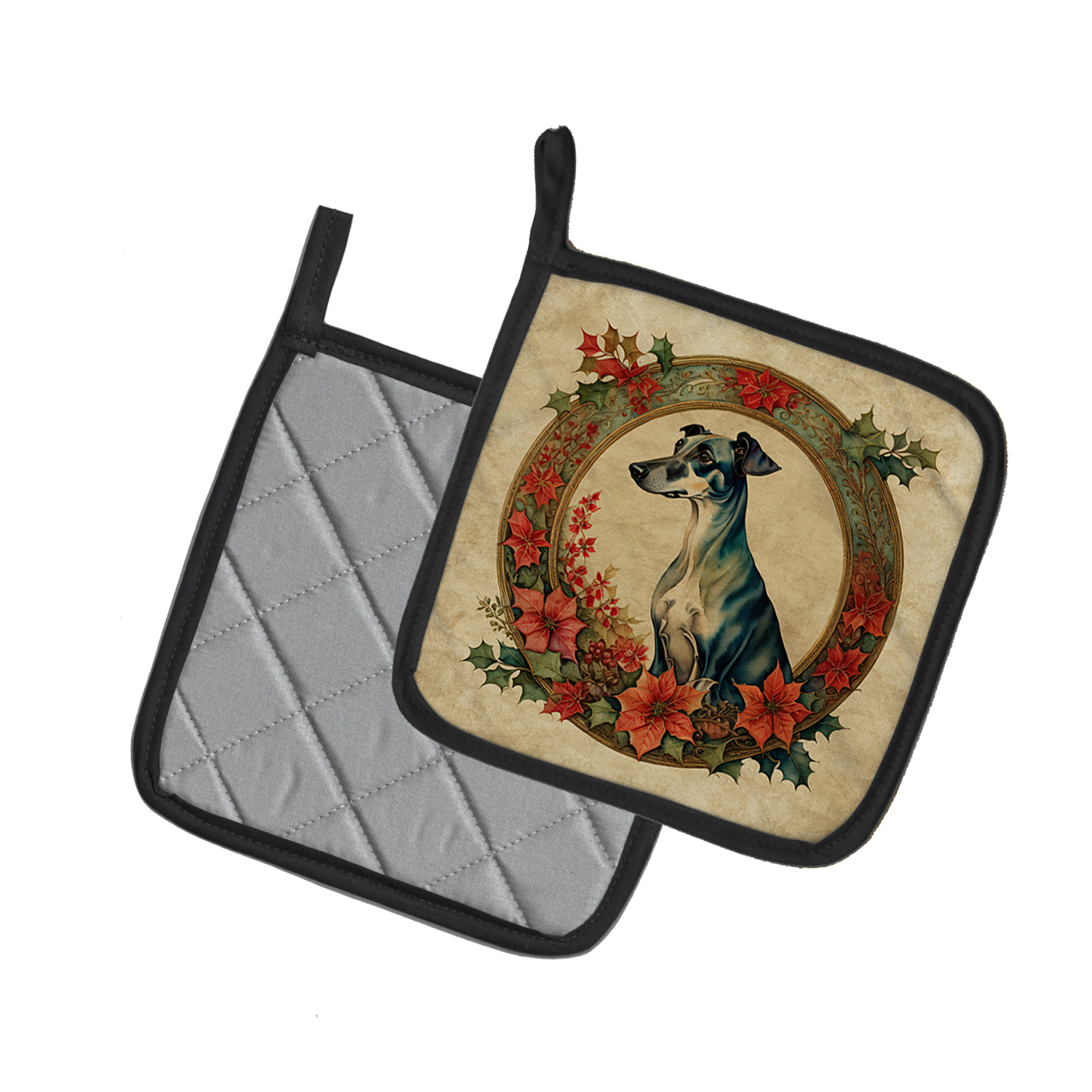 Greyhound Christmas Flowers Pair of Pot Holders 7.5 in x 7.5 in
