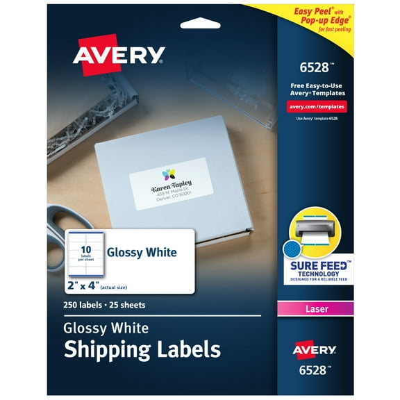 "Glossy White Easy Peel Mailing Labels W/ Sure Feed Technology, Laser Printers, 2 X 4, White, 10/sheet, 25 Sheets/pack | Bundle of 5 Packs"