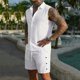 thumbnail image 5 of Ceisia Men's Loose Fit Linen 2-Piece Set Sleeveless Button-Down Shirt with Elastic Waist Drawstring Shorts Gifts, 5 of 7