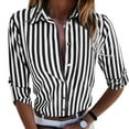 thumbnail image 5 of XIAQUJ Women Fashion Flat Sleeve Button Striped Print Long Sleeve Casual Blouse Top Black M, 5 of 8