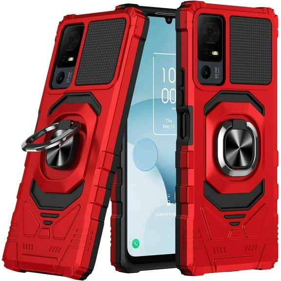 Thousandgear Compatible for TCL 40 XL Case, TCL 40 T T608DL Case, Lively Jitterbug Smart4 with Tempered Glass Screen Protector Ring Car Mount Kickstand Shockproof Hard Phone Case (Red)