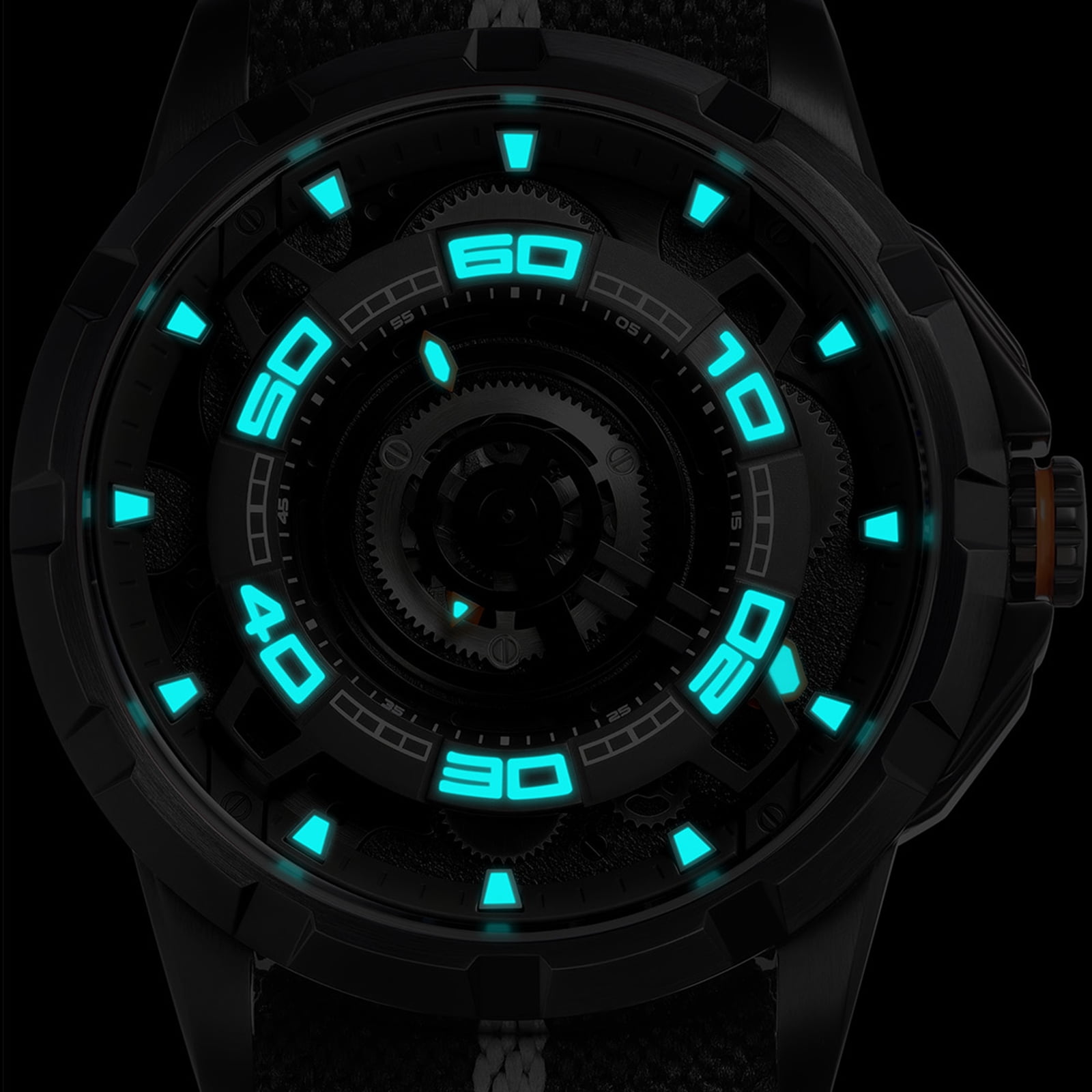 BERNY Mens Skeleton Automatic Watch, Luxury Fashion Self Winding Mechanical Watch with Nylon Strap, Exhibition Caseback, Sapphire Crystal, Luminous 50M Waterproof Watches for Mens Gifts (Black)