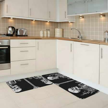 

Kitchen Mats for Floor 2 Piece - Gothic Skull Floral Art Anti Fatigue Mats for Kitchen Floor Kitchen Rugs Non Slip Washable Mat for Home Kitchen Decor