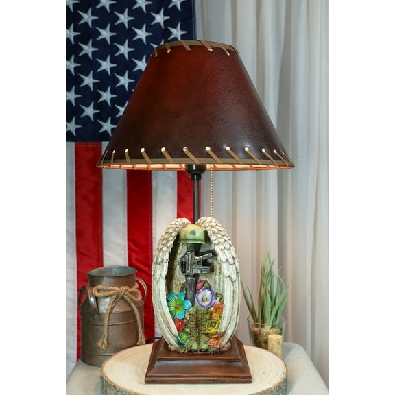 Patriotic Angel Winged Helmet Rifle Boots And Succulents Memorial Table Lamp