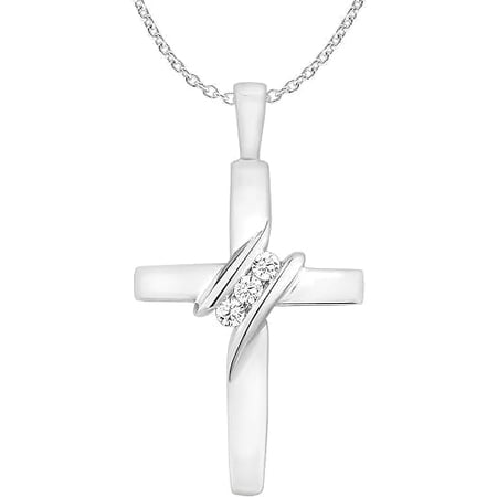 EternalDia 925 Sterling Silver Diamond Three-Stone Cross Necklace for Women Men | 18” Chain with Spring Ring Closure | Jewelry Pendant Necklace 0.05cttw, Diamond Color I-J Clarity- I2-I3
