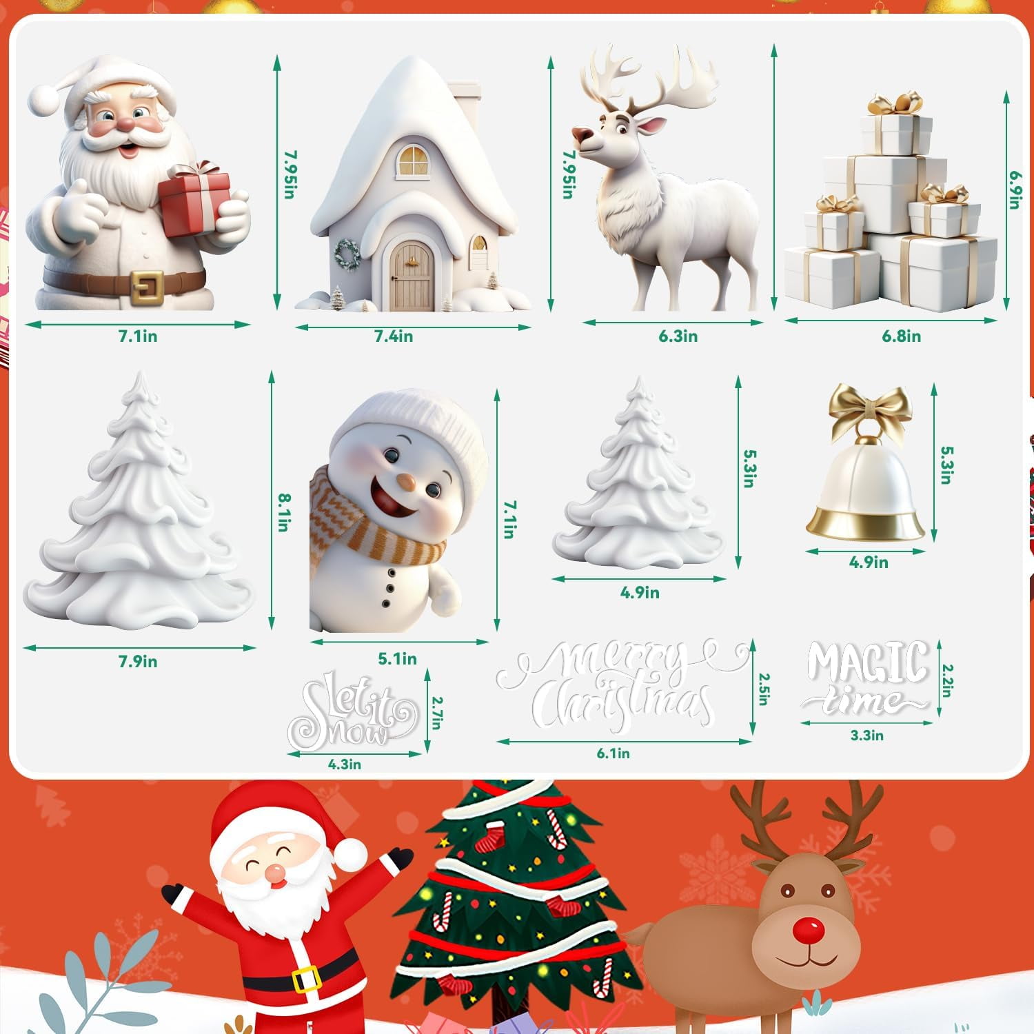 Christmas Window Stickers, 3D Xmas Window Decals White Christmas Window Clings Double Sided for Christmas Window Decorations(8 Sheets)
