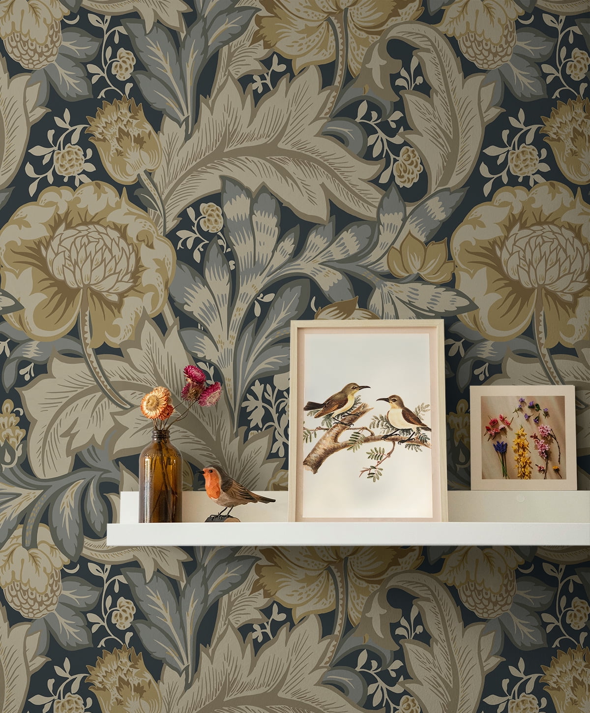 NextWall Midnight Blue & Neutral Acanthus Garden Floral Peel and Stick Wallpaper - 20.9 in. W x 18 ft. L Roll
