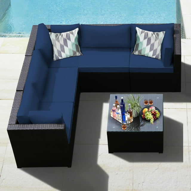Gymax Ensemble de Conversation pour Terrasse en Rotin 6 Pcs, Sectionnel d'Extérieur avec Coussins Bleu Marine