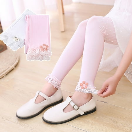 

rygai Girls Leggings Lace Flower Children Thin Stretchy Pantyhose for Dancing Pink