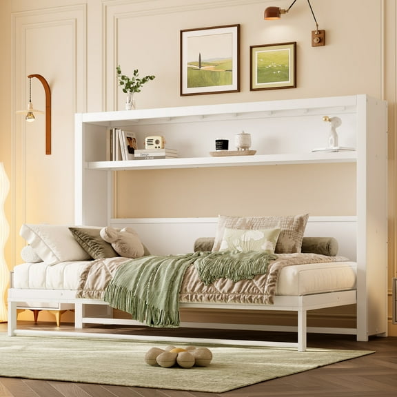 Twin Size Murphy Bed with Shelves, Metal Wall Bed with Foldable and Space-saving Design, White