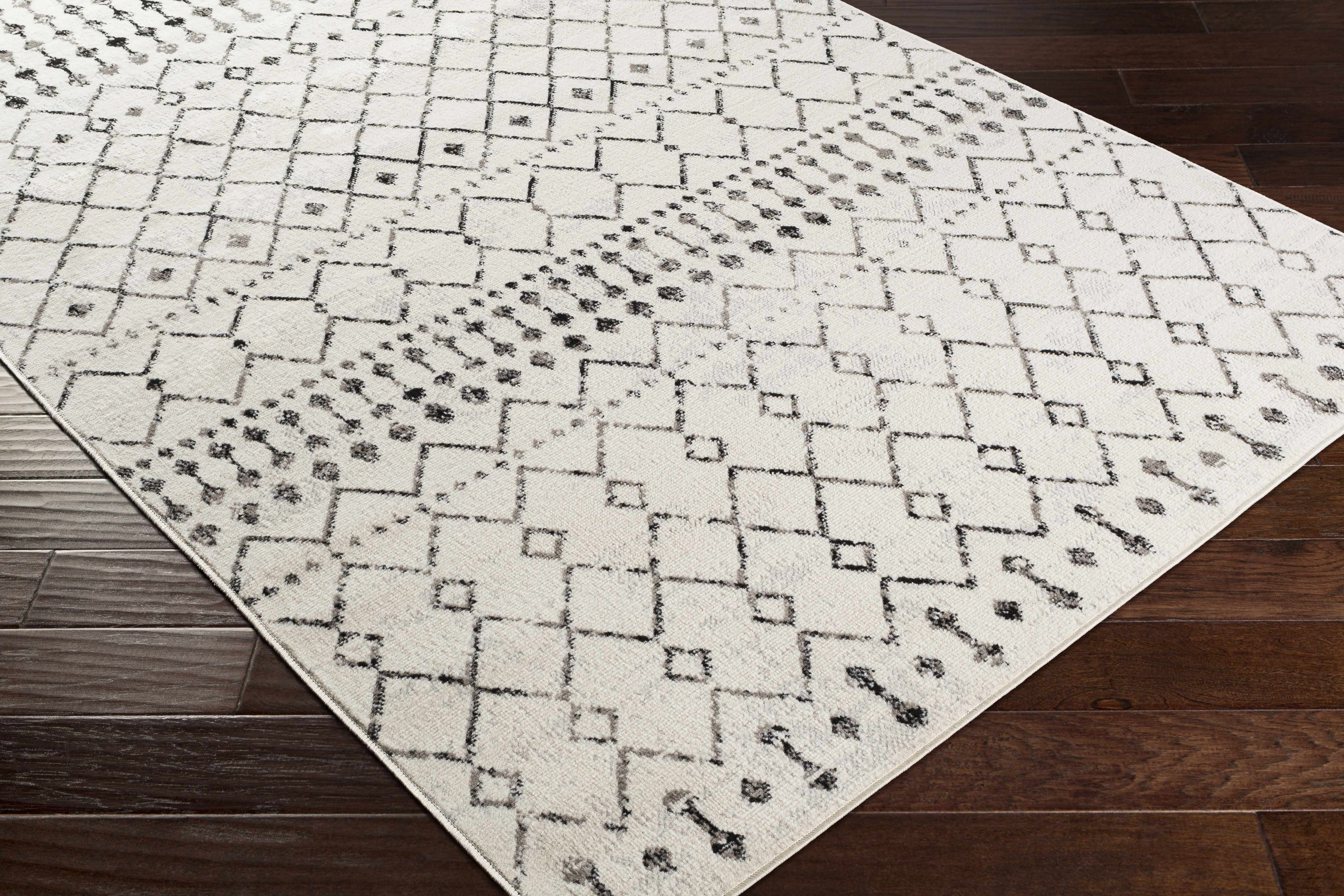 Hauteloom Cowplain Farmhouse Moroccan Geometric Area Rug - Boho Aztec Tribal Carpet for Living Room, Bedroom, Dining Room - Cream, Black, Beige, Gray - 6'7" Square Rug