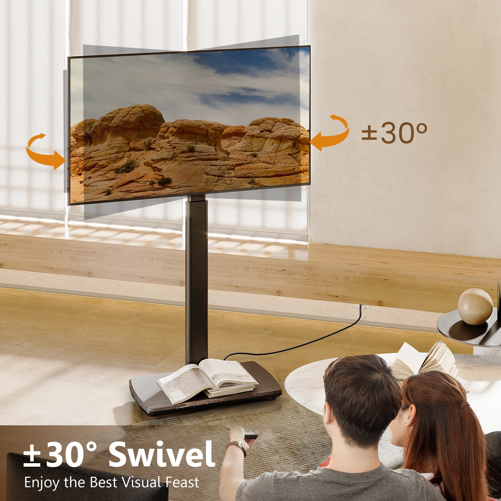 FITUEYES Modern Black Swivel Floor TV Stand for TVs up to 70 inch Metal Base with Power Strip Mount