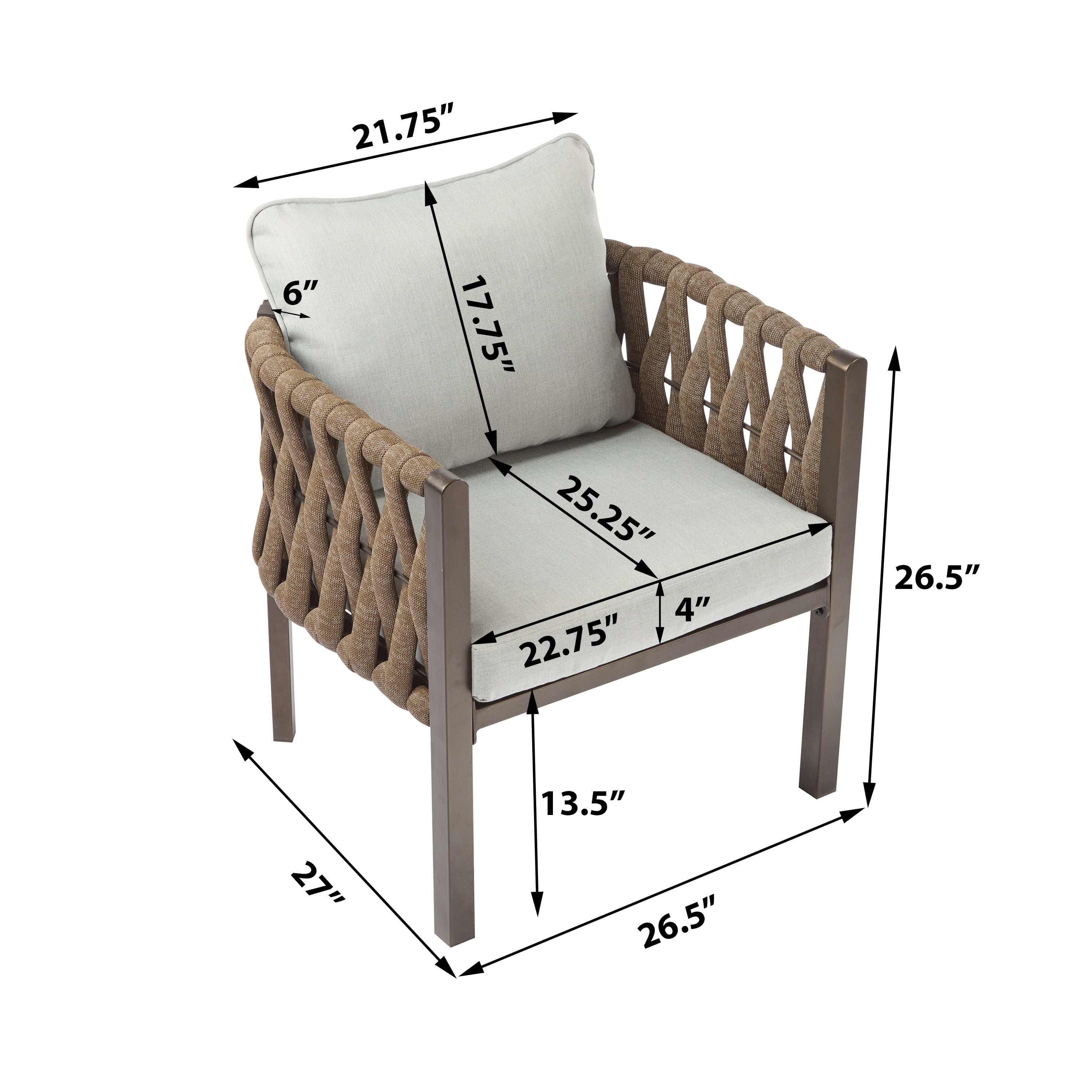 Outdoor Metal Patio Club Chair Set of 2, Patio Furniture Arm Chair with Cushion for Porch Garden, Brown and Light Grey