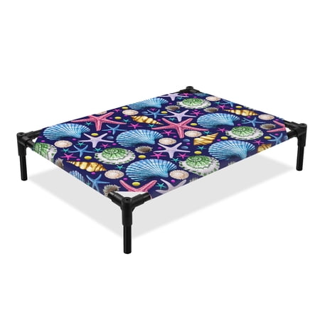 Summer Ocean Elevated Dog Bed Shell Starfish Conch Blue Background Cooling Breathable Outdoor Raised Dog Cot Bed with Metal Frame Non-Slip Feet for Medium Dog 24x20in