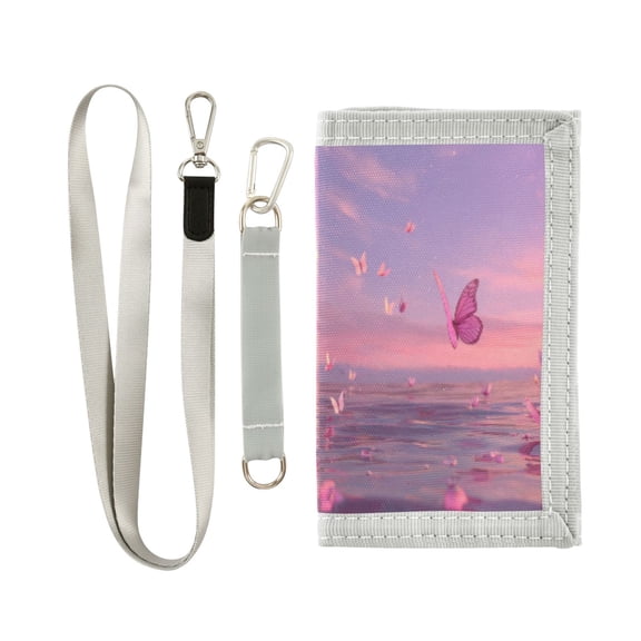 Cloth Wallet with Lanyard & Multiple Compartments Fashion Purse Zipper Clutch Bag for Cash Cards Coins Pink Butterflies Flying