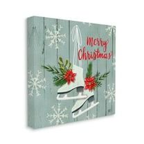 Red Poinsettia Ice Skating Shoes Merry Christmas Sentiment Inspirational Gallery-Wrapped Canvas Print Wall Art, 17x17