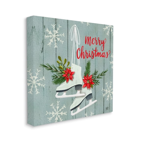 Red Poinsettia Ice Skating Shoes Merry Christmas Sentiment Inspirational Gallery-Wrapped Canvas Print Wall Art, 17x17