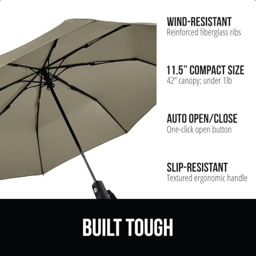 Strong Windproof Stick Compact Umbrella for Rain, One-Click Automatic Open and Close, Durable Quick Dry Waterproof Material, Lightweight and Portable, Travel Size Fits Backpack, Beige