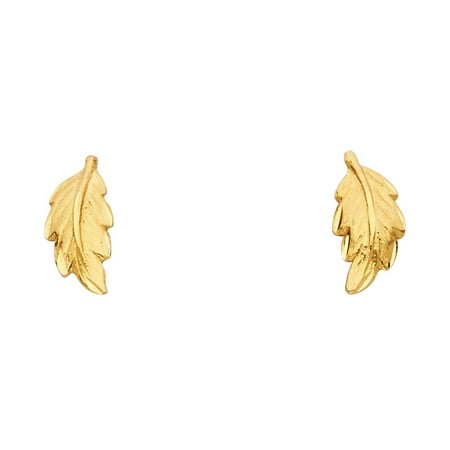 14k Yellow Gold Leaf - Leaf Stud Earrings Solid 14k Yellow Gold Diamond Cut Polished Finish Fancy Design Genuine 13 x 6 mm