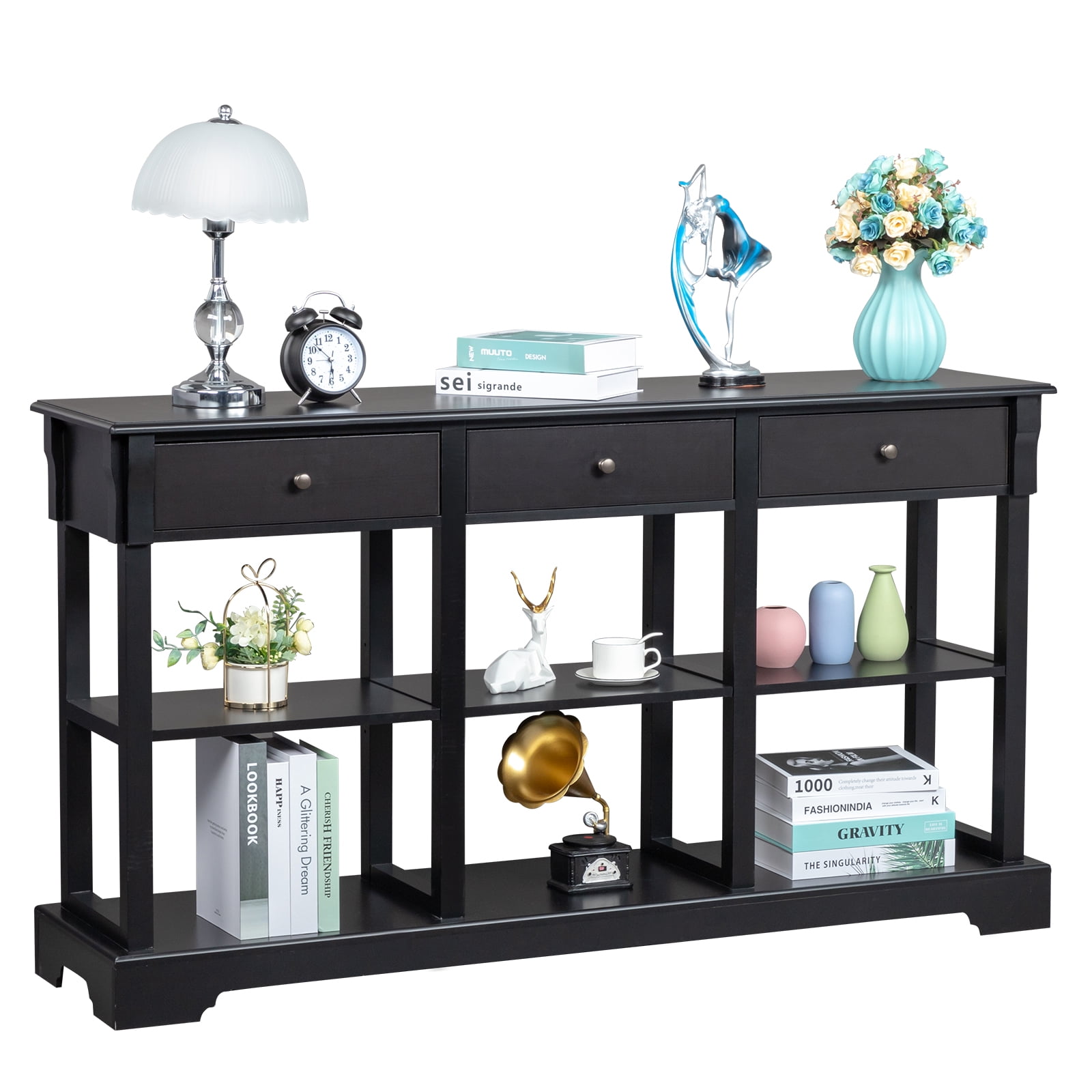 Ktaxon Modern Console Table with 3 Drawers and 3 Storage Shelves, 58" Sofa Table Narrow Long Entryway Table for Living Room