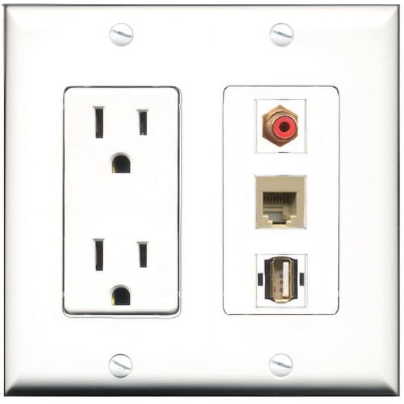 RiteAV - 15 Amp Power Outlet 1 Port RCA Red 1 Port USB A-A 1 Port Phone Beige Decorative Wall Plate