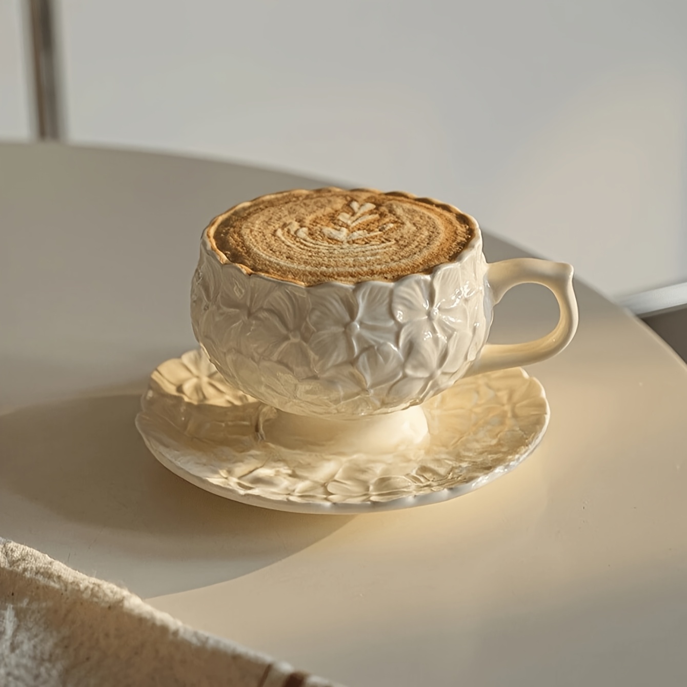 French Vintage Cream Embossed Floral Highball Coffee Cup and Saucer Set - Afternoon Tea Latte Art Cup - A unique gift choice, reusable ceramic, hand wash only, perfect for espresso, cappuccino and ot
