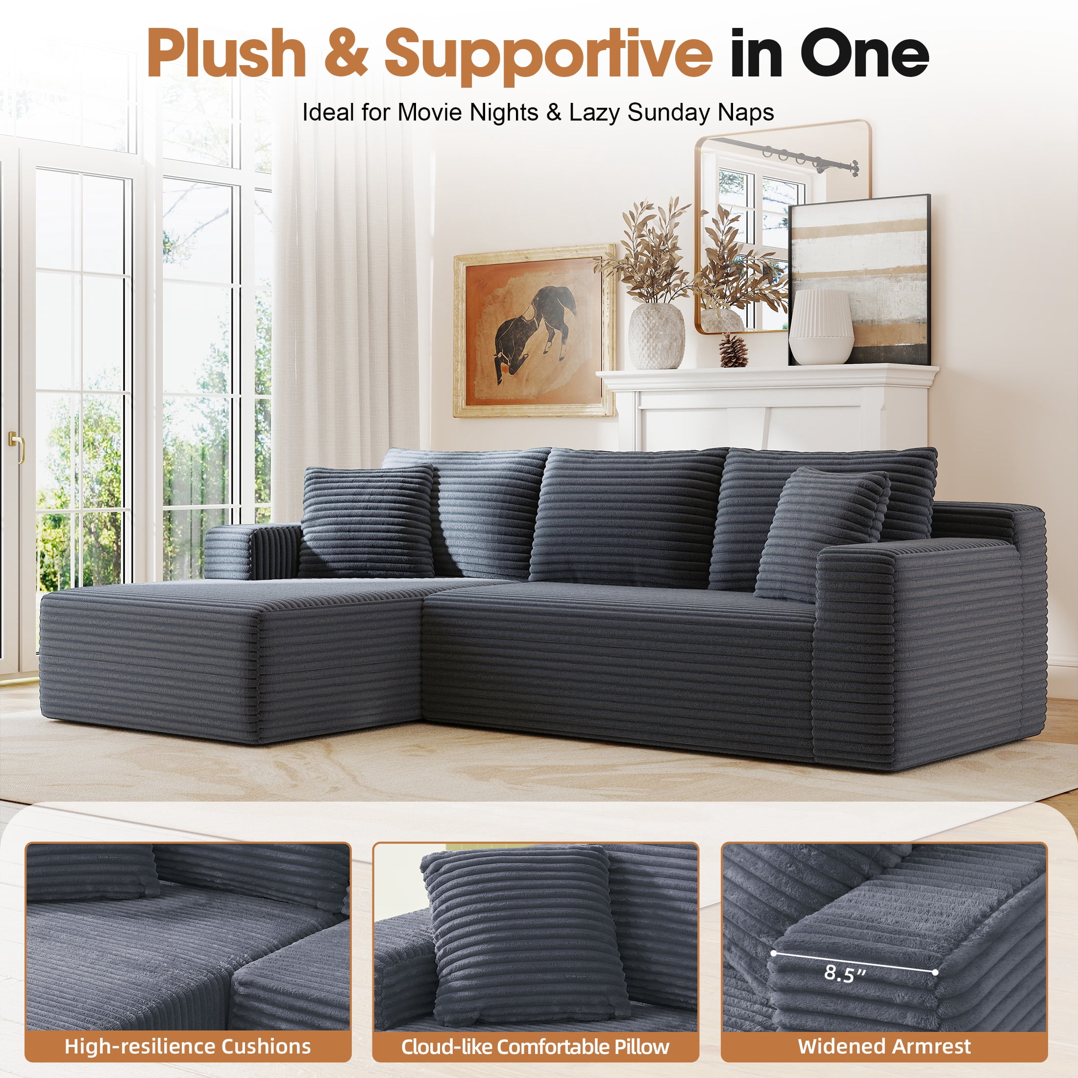Aukfa Modular Sectional Sofa with Chaise, 95" Boneless Cloud Couch for Living Room, Gray