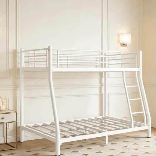 Twin over Full Bunk Bed Metal Frame with Ladder and Guardrails, Space Saving Bunk Bed for Bedroom, Heavy Duty Steel Slats, No Box Spring Needed, White