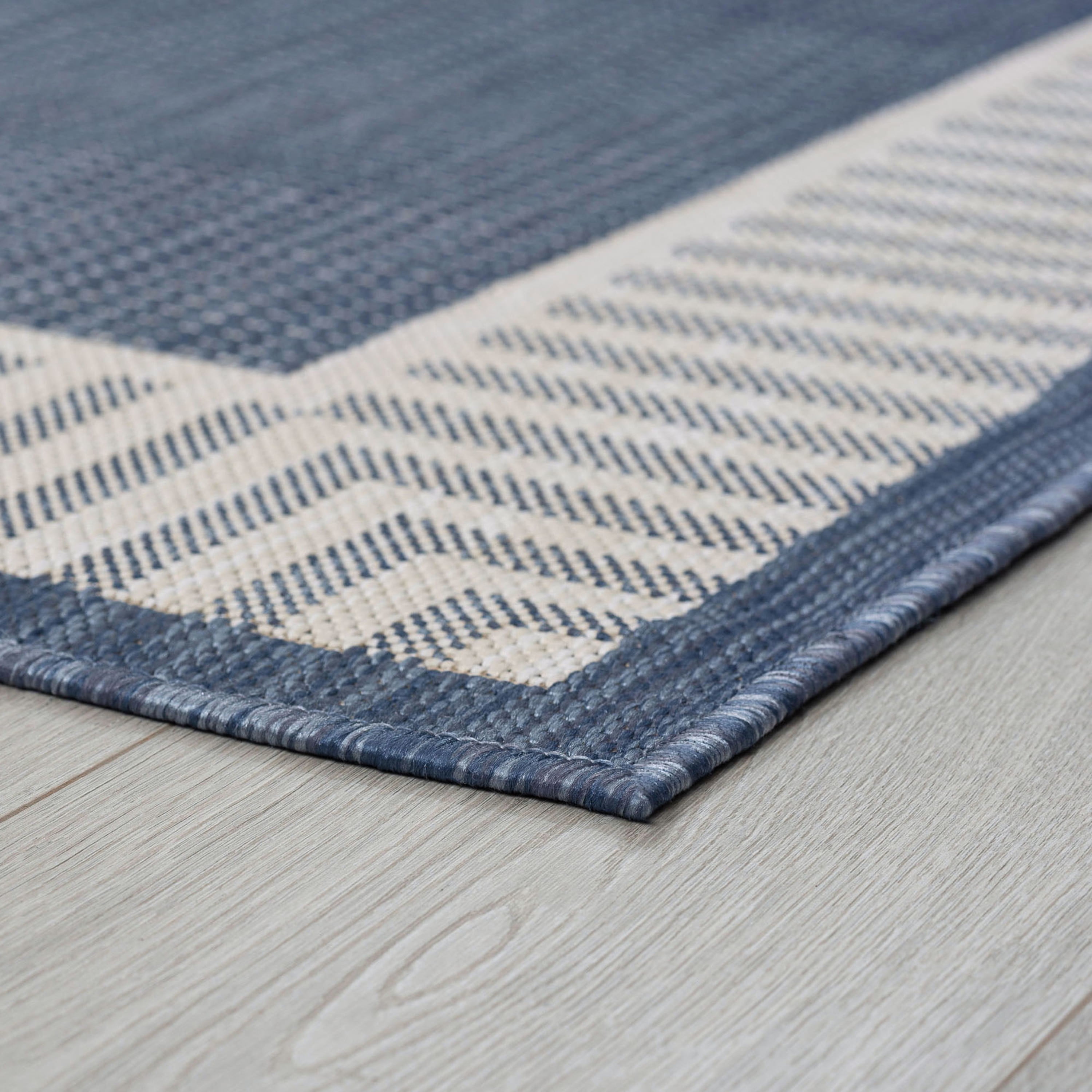4x6 Water Resistant, Indoor Outdoor Rugs for Patios, Front Door Entry, Entryway, Deck, Porch, Balcony | Outside Area Rug for Patio | Navy, Striped Border | Size: 4' x 5'3''
