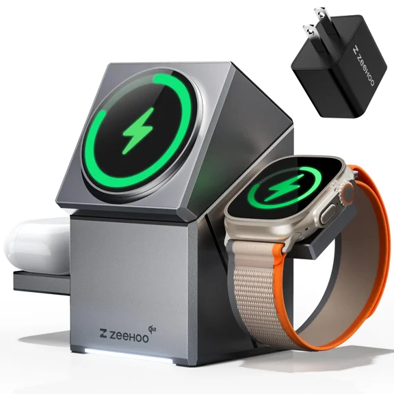 ZEEHOO 3-In-1 Magnetic Wireless Charging Station with Magsafe Charger for iPhone, Apple Watch & AirPods