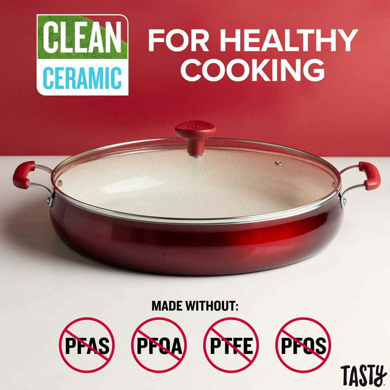 Nonstick Frying Pan Set Ceramic Coated, Red Fry Pans with Glass