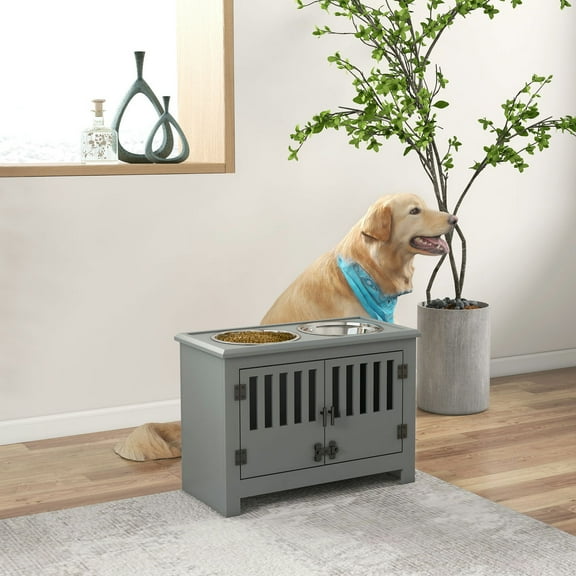 GVN Dog Food Storage Cabinet with Bowls & Dog Feeding Station, Gray