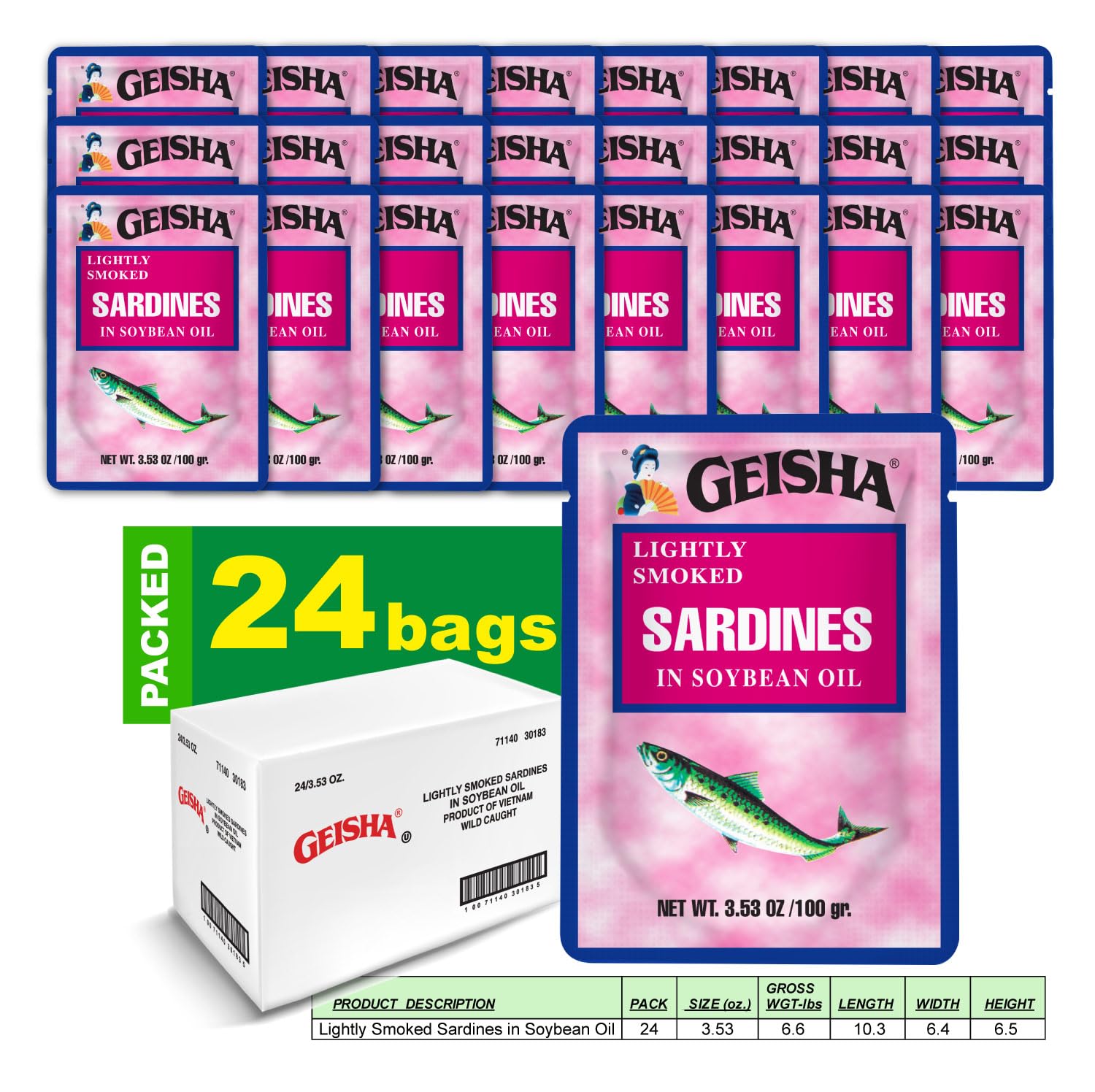 GEISHA Lightly Smoked Sardines in Soybean Oil 3.53oz (Pack of 24), Sardines| HALAL & Kosher Certified – Gluten Free – Wild Caught – Good Source of Protein