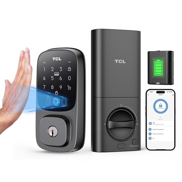 Cerradura inteligente TCL D1 Pro Palm Vein, cerradura de puerta de entrada sin llave Wi-Fi con batería recargable, control remoto de aplicación, cerradura electrónica de seguridad mejorada para puerta