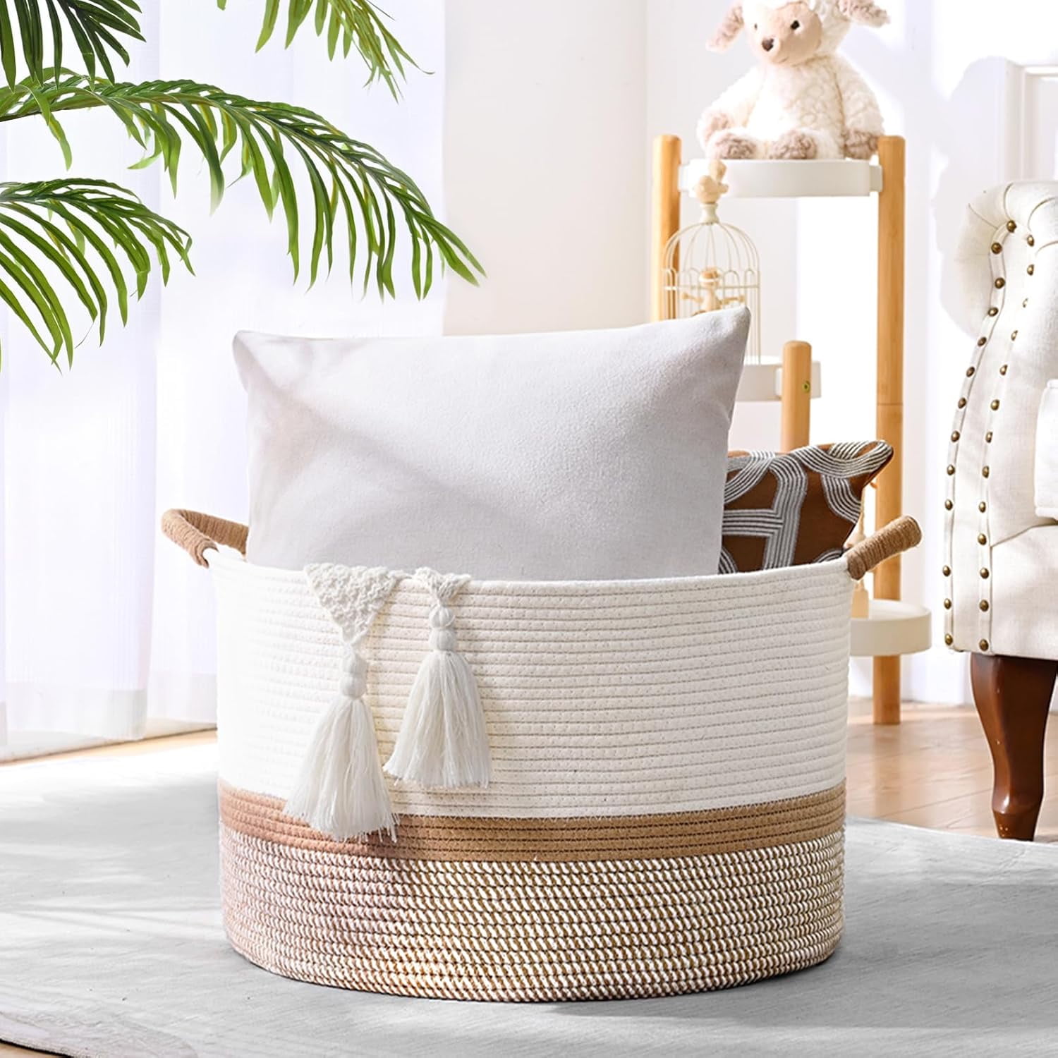 Natubeau Cotton Rope Woven Storage Baskets, 65L Large Round Laundry Hampers Blanket Basket Clothes Basket, 20"W x 13"H Storage Baskets With Handle