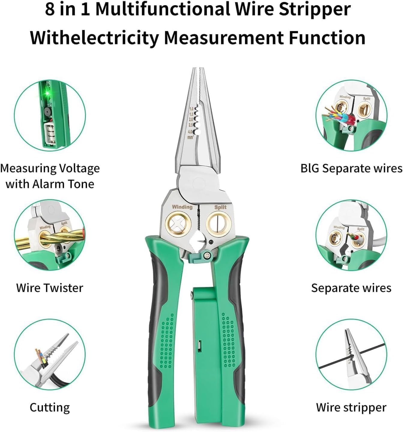 8 in 1 Wire Stripping Pliers, 8 in 1 Wire Stripper With Voltage Tester, Wires Stripper Machine, Electric Wire Stripper with Voltage Tester, Crimper & Cutter for Awg 18-6 Wires (1PCS)