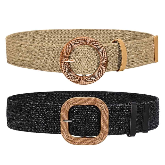 Cinturón elástico de paja tejida para mujer, 2 unidades, estilo bohemio, con hebilla de madera, estilo fino.