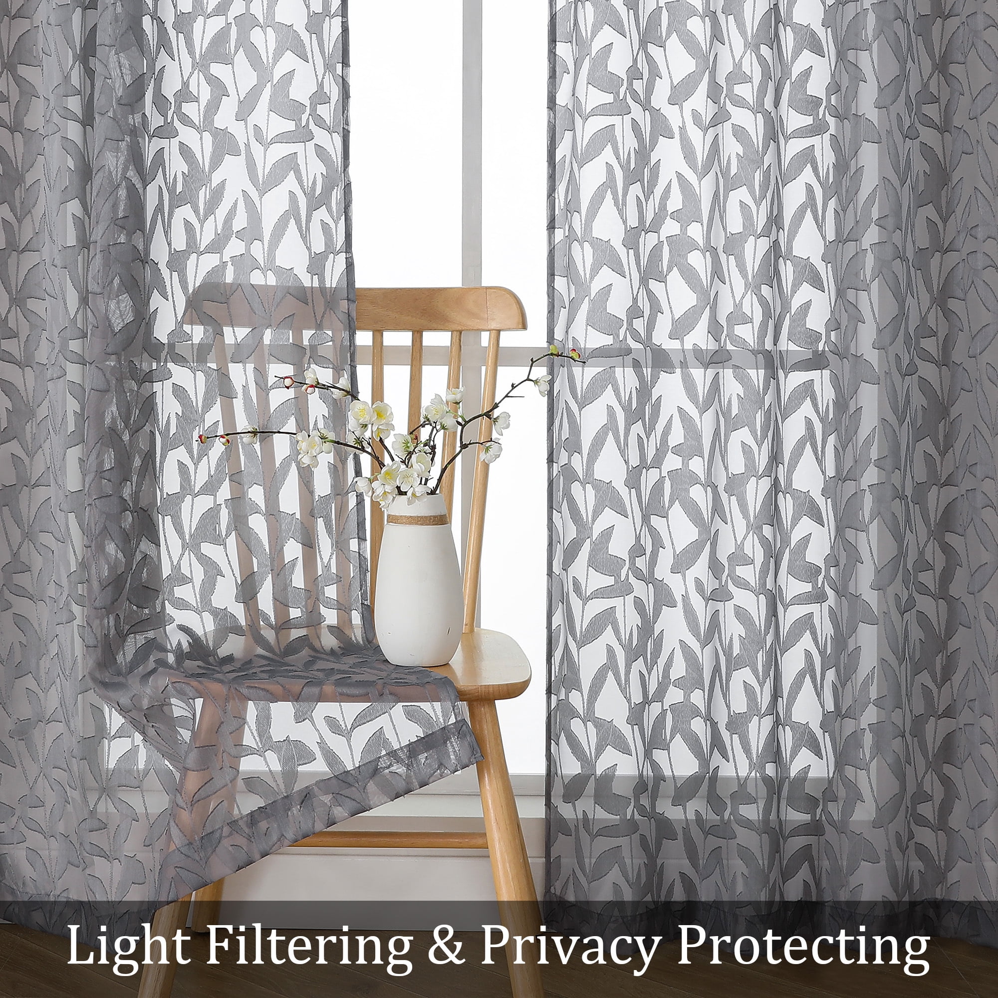 OVZME Leila Light Filtering Grey Sheer Curtains 72 Inches Long 2 Panels, Textured Jacquard Leaf Pattern Farmhouse Door Curtains for Living Room, Bedroom, Bathroom, Each 40Wx72L Inch, Grey