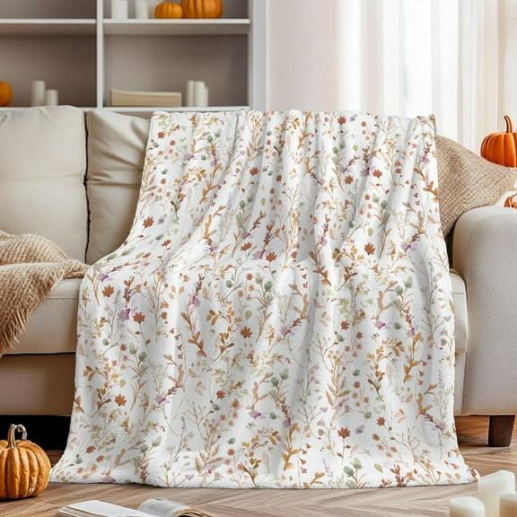 Fall Flannel Blanket Throw, Watercolor Wildflowers Soft Fuzzy Plush Cozy Fleece Blankets for Couch Sofa Bed Lounging, Ideal Gifts for Kids Adults Wife Self