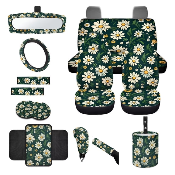 LedBack Daisy Print Car Seat Covers Full Set with Steering Wheel Cover for Women Universal Front and Rear Car Seat Covers Armrest Cushion Safety Belt Pads Cup Coasters, Easy to Install