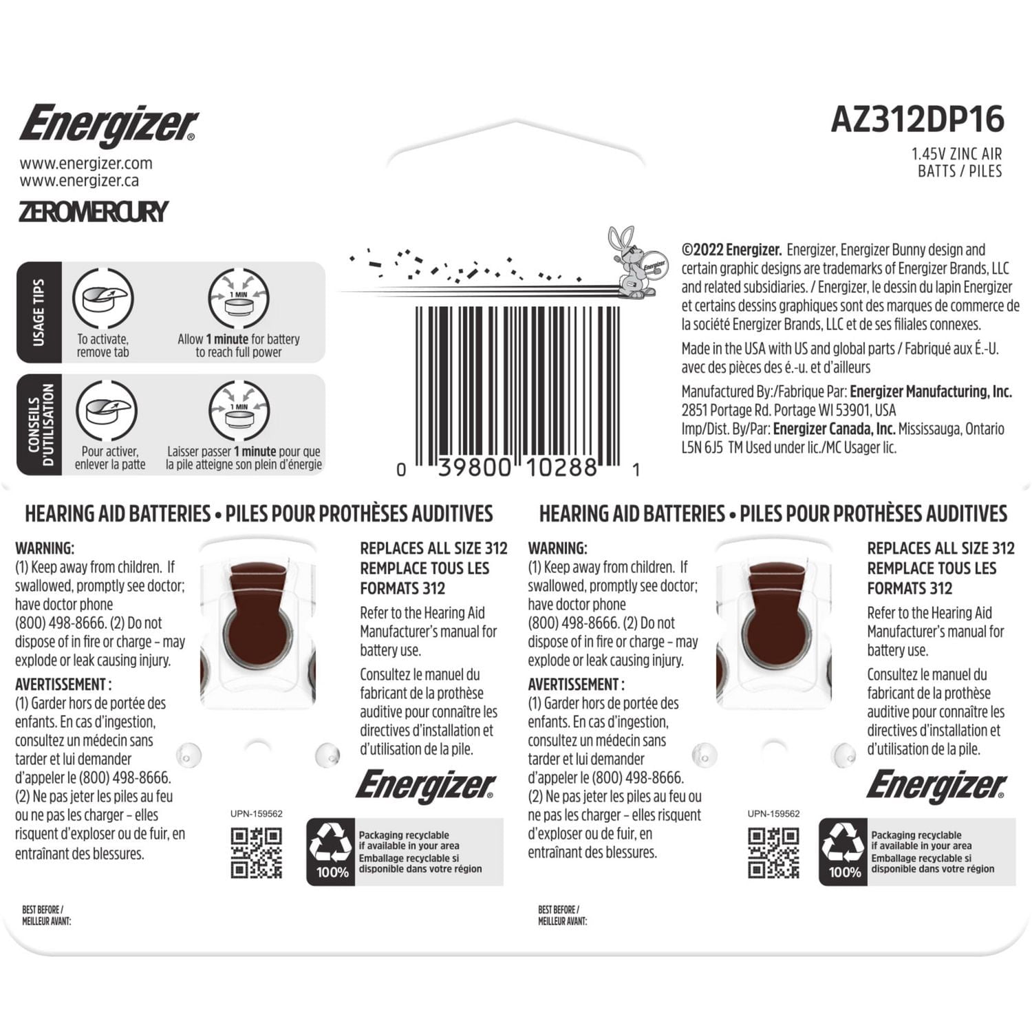Energizer Hearing Aid Batteries Size 312, Brown Tab, 16 Pack